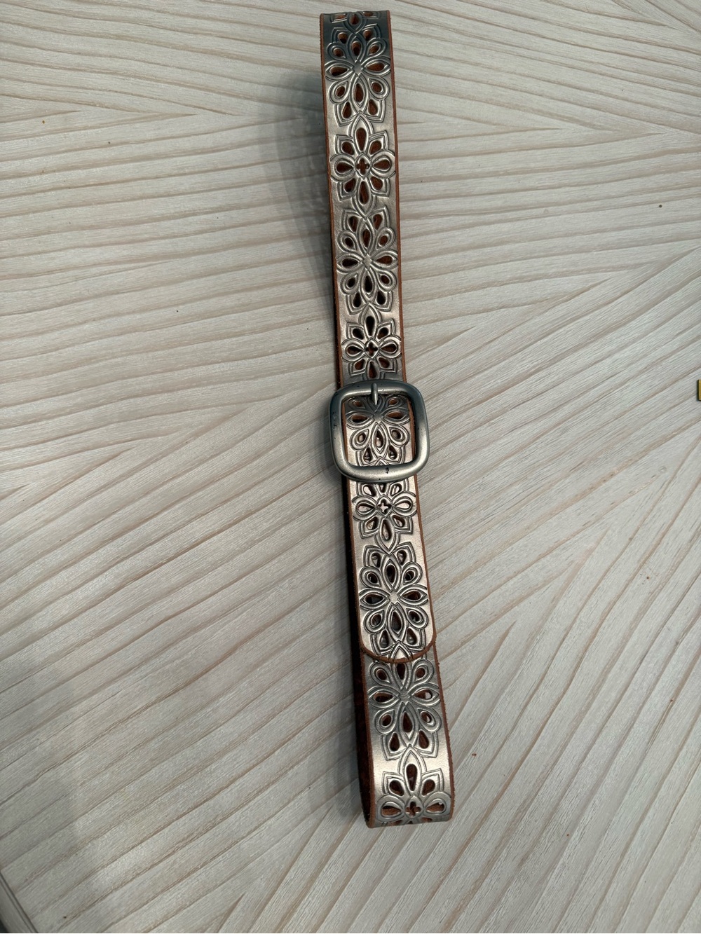 Fossil Floral Cutout Leather Belt in Rose Copper